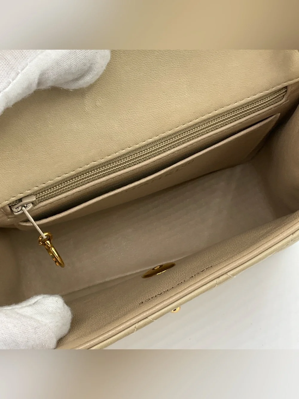 Chanel Classic Mini Flap Beige Quilted Lambskin Leather Gold Chain Shoulder Bag